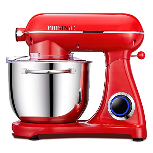 PHISINIC Robot de Cocina multifunción Batidora Amasadora de Pan Repostería 1800 W 6.5L 6 Velocidades con Función de Pulso Carcasa de Metal, Silencioso, Color Rojo