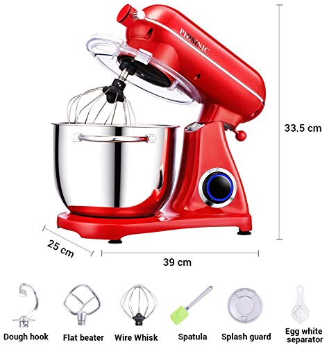 PHISINIC Robot de Cocina multifunción Batidora Amasadora de Pan Repostería 1800 W 6.5L 6 Velocidades con Función de Pulso Carcasa de Metal, Silencioso, Color Rojo