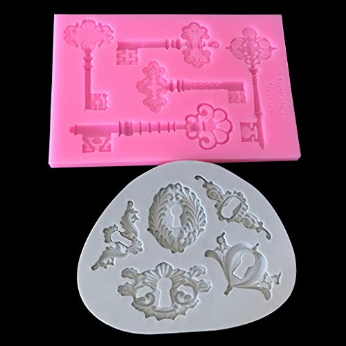 PINH-lang - Juego de 2 moldes con forma de llave, moldes de silicona barroca para fondant, para la fabricación de azúcar, para tartas, joyas, Fimo, artículos de manualidades