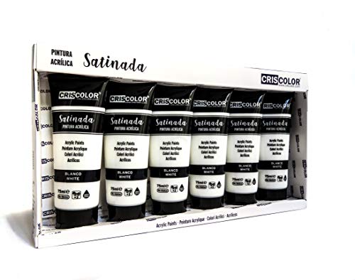 Pintura Acrílica para trabajo artístico y manualidades - PACK 6x75ml - Papel, Lienzo, Madera, Cerámica, Telas, Porex. Principiantes, Estudiantes y Artistas profesionales (BLANCO)