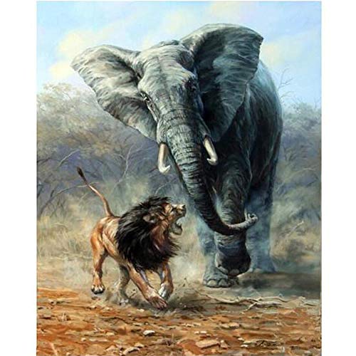 Pintura por Números Kit Lucha Contra El Elefante León Diy Pintura al óleo para Adultos, Niños, Creative Pintura sobre Lienzo Decoración para el Hogar Dibujo con Pinceles 40X50Cm（Sin Marco)