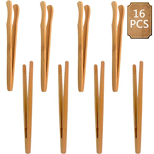 Pinzas Bambú,BETOY 16 Piezas Pinza de Bambú Cocina Pinzas Bambú Antideslizantes Pinza de Bambú Té Pinzas Bambú para Tostadas, Ensaladas, Barbacoas, Asar, Cocinar, Hornear, Freír, Pan,18cm