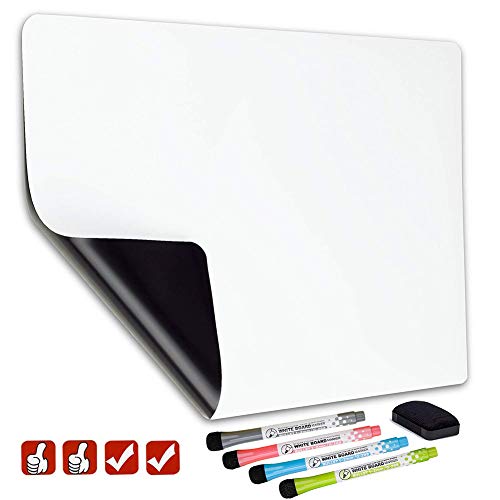 Pizarra blanca magnética de borrado en seco para nevera – Incluye 4 marcadores y 4 iconos magnéticos y un borrador – Planificador de pizarra blanca para refrigerador, color blanco 17x11 inch