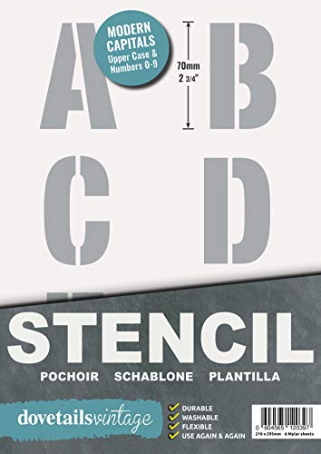 Plantilla Letras – 7 cm de altura – Alphabet y Números 0-9, Moderno Mayúsculas – en 6 hojas de 295 x 290mm