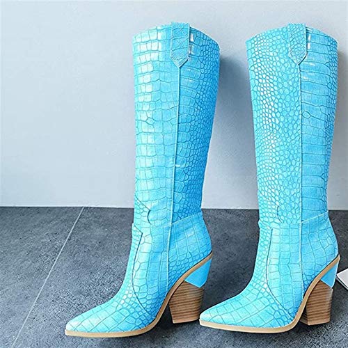 PLAYH Botas Largas De Cuero, Botas De Tubo Alto De Tacón Alto Grueso con Punta Puntiaguda para Mujer, Botas De Manga De Mujer para Banquete, Fiesta De Graduación (Color : Blue, Size : 42)