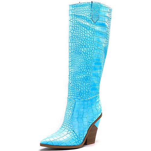 PLAYH Botas Largas De Cuero, Botas De Tubo Alto De Tacón Alto Grueso con Punta Puntiaguda para Mujer, Botas De Manga De Mujer para Banquete, Fiesta De Graduación (Color : Blue, Size : 42)