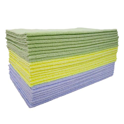 Polyte - Paños de limpieza de microfibra superabsorbente - Sin bordes, cortados por ultrasonidos - Azul, verde, amarillo - 36 x 36 cm - Pack de 24