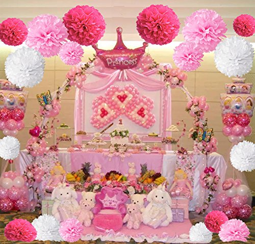 Pompon de papel de seda, bolas de papel en forma de flor para fiestas de cumpleanos, bodas, baby shower, shower de novia o decoracion de festivales, 18 unidades , Rosa, rosa y blanco