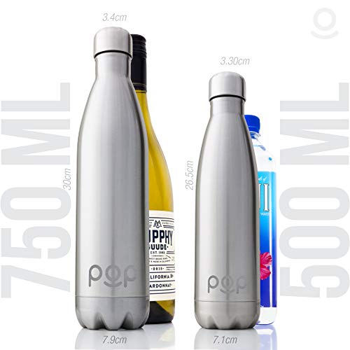 POP Design Botella de Agua, Mantiene Bebidas frías por 24h y Calientes por 12h, Acero Inoxidable con Aislamiento en vacío, Tapón Anti Goteo y Anti Sudor, 500 ML, Titanio