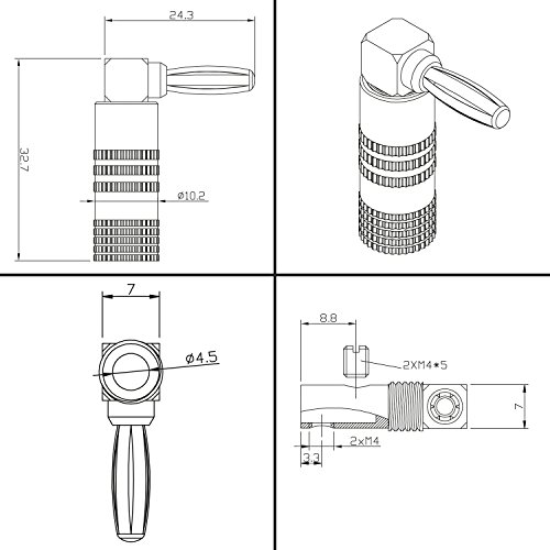 Poppstar - Clavija Banana, acodado, para Cable de hasta 4 mm Cuadrado atornillar o soldar 6mm Cuadrado, contactos Dorados de 24k, 8 Pieza