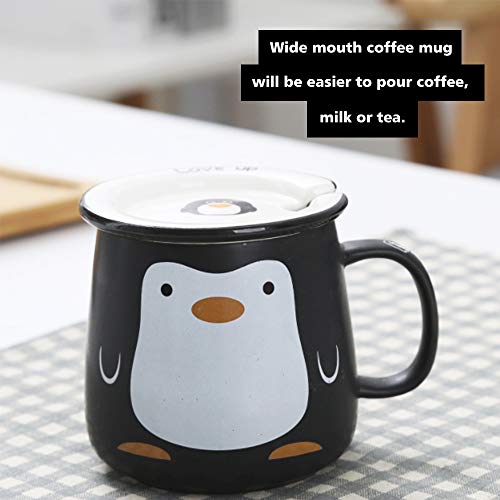 Powerking Taza de café, pingüino Taza de cerámica de Dibujos Animados/Taza de té para el hogar y la Oficina con Cuchara y Labio para té/Leche/Agua, Regalos para niños, Amigos y Familiares de 16 onzas