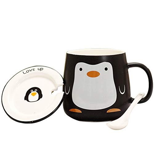 Powerking Taza de café, pingüino Taza de cerámica de Dibujos Animados/Taza de té para el hogar y la Oficina con Cuchara y Labio para té/Leche/Agua, Regalos para niños, Amigos y Familiares de 16 onzas