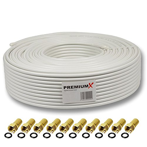 PremiumX 15m Basic Cable coaxial 135 dB Cable coaxial satelital de Cobre y Acero blindado de 4 vías Cable de Antena Cable de TV Digital Sat + 10 x F-Conector SIN Cargo