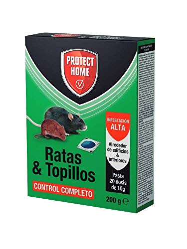 Protect Home Raticida en Pasta para Ratas y Topillos, Infestación Alta, Contról Completo, 20 dosis de 10gr, Azul