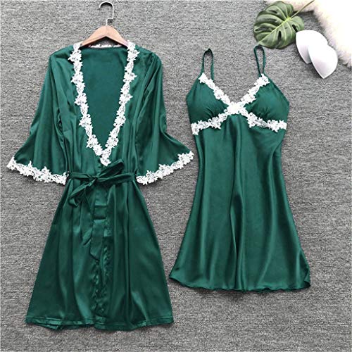 Proumy Conjunto Pijamas Mujer Verano Batas Sexy de Seda 5 Piezas Sets Camisola de Tiras Pantalones y Calzoncillos Kimono Cuello V Larga Chaleco de Encaje Floral Blanca Ropa de Dormir Vestido Verde