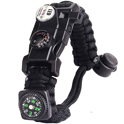 Pulsera Paracord Supervivencia España, Camuflaje Supervivencia Pulsera con Flint + Brújula + Termómetro + Silbato, para Caminatas en Canchas de Camping u Otras Actividades al Aire Libre (Negro)