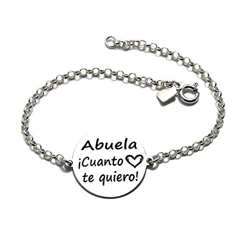 Pulsera Plata Ley 925M Cadena Rolo 18cm. Chapa 20mm. Abuela ¡Cuánto Te Quiero! Corazón