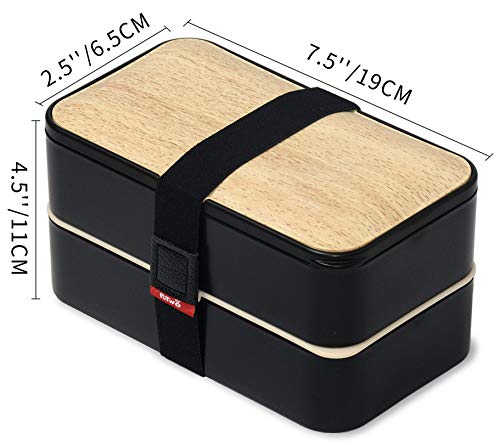 PuTwo Bento Box Fiambreras Bento Caja Bento Caja Almuerzo de 2 Niveles con Juego de Cubiertos Box Lunch a Prueba de Fugas Microondas, Congelador, Apto para lavavajillas - 1200 ml, Negro de Bambú