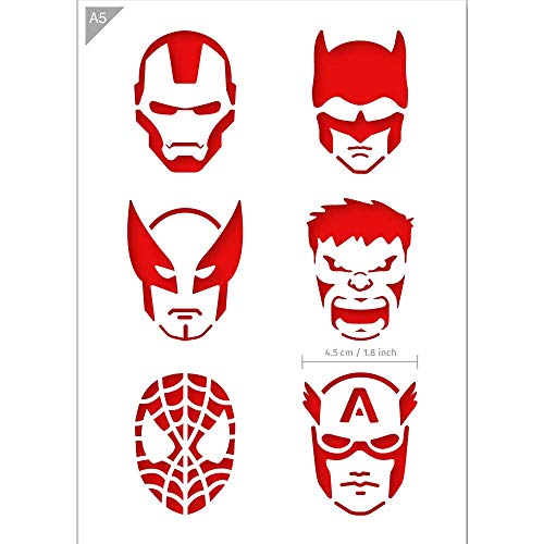 QBIX Plantilla de superhéroe - Ironman, Batman, Wolverine, The Hulk, Spiderman, Capitán América - Tamaño A5 - Niños reutilizables para pintar caras, hornear, manualidades