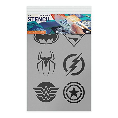 QBIX Plantilla de superhéroe - Superman, Batman, Spiderman, Wonder Woman, Flash, Capitán América - Tamaño A5 - Plantilla Reutilizable amigable para niños DIY para Pintar Caras, Hornear, Manualidades