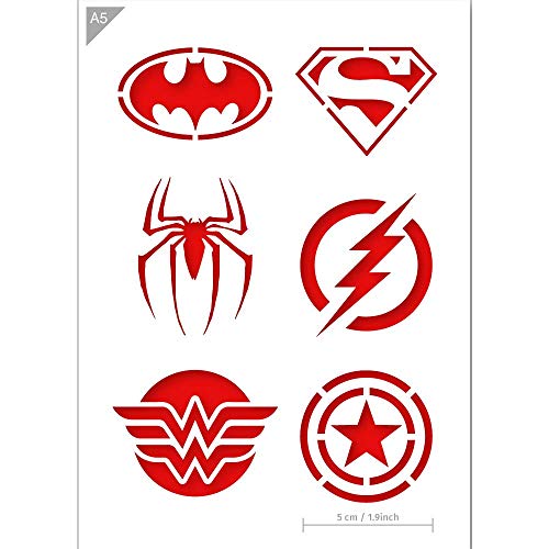 QBIX Plantilla de superhéroe - Superman, Batman, Spiderman, Wonder Woman, Flash, Capitán América - Tamaño A5 - Plantilla Reutilizable amigable para niños DIY para Pintar Caras, Hornear, Manualidades