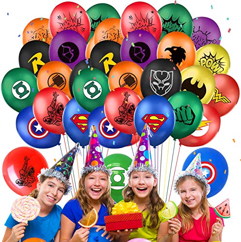 Qemsele Globos para fiestas de Niños, 50Pcs Globos Fiesta Cumpleaños Decoración Dibujos animados 12inch Globos de latex con confeti dentro y Cintas, para Favores Regalo Carnaval Boda(Superhero)