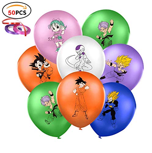 Qemsele Globos para fiestas de Niños, 50Pcs Globos Fiesta Cumpleaños Decoración Dibujos animados 12inch Globos de latex con confeti dentro y Cintas, para Favores Regalo Carnaval Boda(Dragonball)