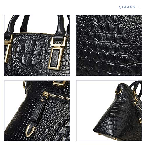 QI WANG Bolsos de cuero genuino de las mujeres Bolso de cuero de la parte superior de la asa de Cowhideop en relieve cocodrilo