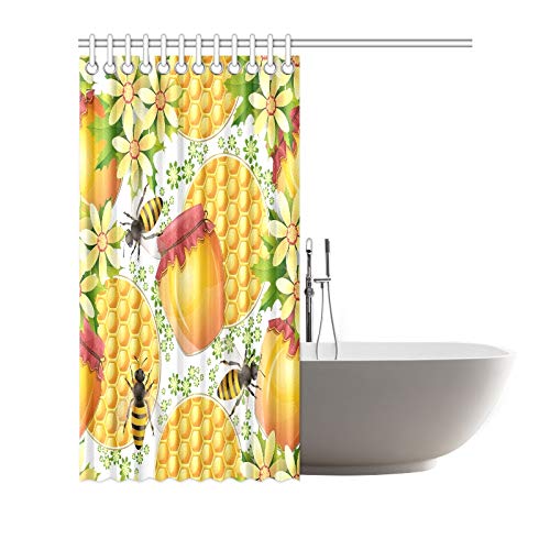 QIAOLII Decoración para el hogar Cortina de baño Tarro de Miel Abejas Panal Tela de poliéster Cortina de Ducha Impermeable para baño, Cortinas de Ducha de 72 x 72 Pulgadas Ganchos incluidos