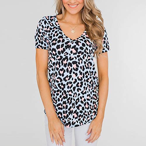 Qingsiy Camiseta Mujeres Verano Camisetas Leopardo Suelta Pullover Casual Camisa Manga Corta Cuello V Flojas Atractiva Blusa Sólido Tops Redondo Casual Tops (Azul,M)