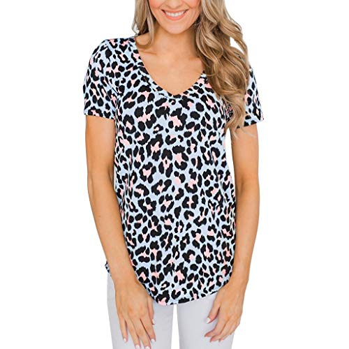 Qingsiy Camiseta Mujeres Verano Camisetas Leopardo Suelta Pullover Casual Camisa Manga Corta Cuello V Flojas Atractiva Blusa Sólido Tops Redondo Casual Tops (Azul,M)