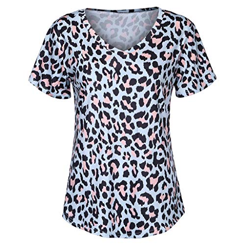 Qingsiy Camiseta Mujeres Verano Camisetas Leopardo Suelta Pullover Casual Camisa Manga Corta Cuello V Flojas Atractiva Blusa Sólido Tops Redondo Casual Tops (Azul,M)