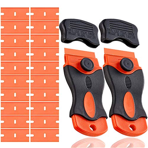 QitinDasen 2Pcs Premium 1.5" Mini Raspador de Mango de Maquinilla con Tapa de Seguridad, Rascador Vitrocerámica Rascador Vidrio, con 20Pcs Cuchillas de Plástico de Doble Filo