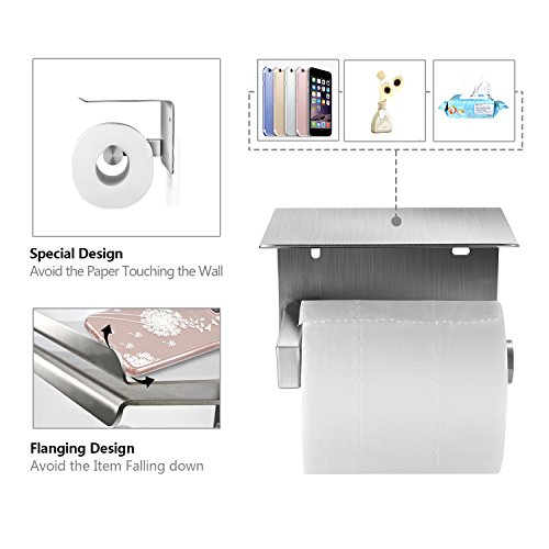 qobobo® Portarrollos Papel Higiénico de SUS304 Acero Inoxidable con Bandeja de Almacenamiento Sin Perforación para Cuarto de Baño