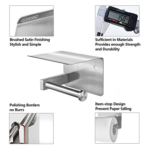 qobobo® Portarrollos Papel Higiénico de SUS304 Acero Inoxidable con Bandeja de Almacenamiento Sin Perforación para Cuarto de Baño