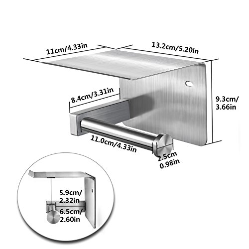 qobobo® Portarrollos Papel Higiénico de SUS304 Acero Inoxidable con Bandeja de Almacenamiento Sin Perforación para Cuarto de Baño