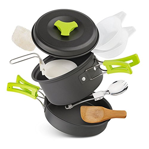 Qtiwe 10 piezas Cookware Kit Picnic Ollas Cocina camping Juego de vajilla para 1 - 2 personas para camping Outdoor Senderismo Picnic BBQ, FDA Certificación