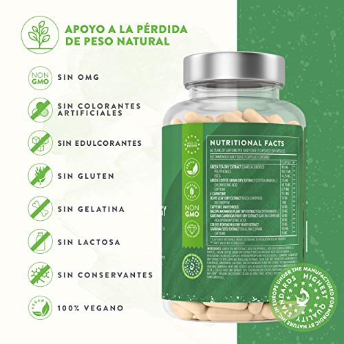 Quemagrasas - Apoya a la pérdida de peso + Acelera el Metabolismo - Termogénico natural con Té Verde, Extracto de Café Verde y Garcinia Cambogia - 95% Polifenoles - 90 Cápsulas.