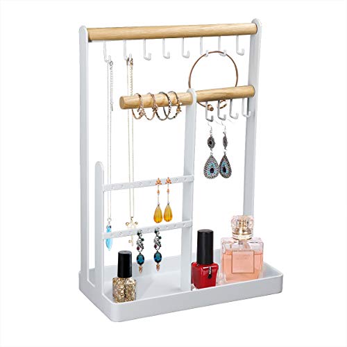 Qulable Organizador de almacenamiento de joyería, organizador de joyería de hierro forjado de madera, soporte de exhibición para el hogar, colgante estante