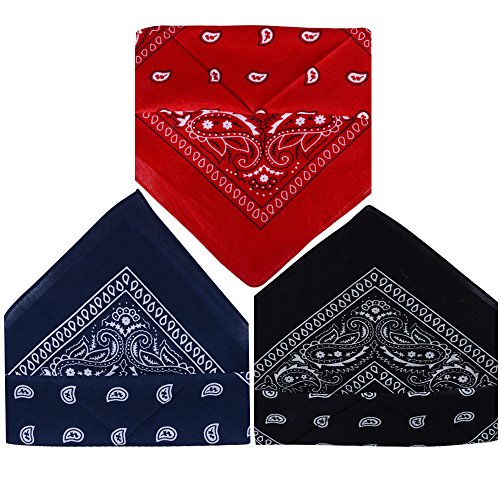 QUMAO Pack de 3 Pañuelos Bandanas de Modelo de Paisley para Cuello/Cabeza Multicolor Múltiple 100% Algodón para Mujer y Hombre (Pack de 3; Negro&rojo&azul oscuro)