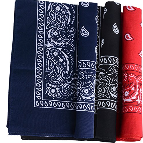 QUMAO Pack de 3 Pañuelos Bandanas de Modelo de Paisley para Cuello/Cabeza Multicolor Múltiple 100% Algodón para Mujer y Hombre (Pack de 3; Negro&rojo&azul oscuro)