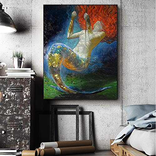 QWESFX Sirena Pintura al óleo Arte de la pared Fantasía Vintage Girl Picture Impresión en lienzo para sala de estar Sala de estar Adorno Arte (Imprimir sin marco) B 40x60CM