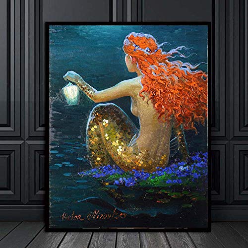 QWESFX Sirena Pintura al óleo Arte de la pared Fantasía Vintage Girl Picture Impresión en lienzo para sala de estar Sala de estar Adorno Arte (Imprimir sin marco) B 40x60CM