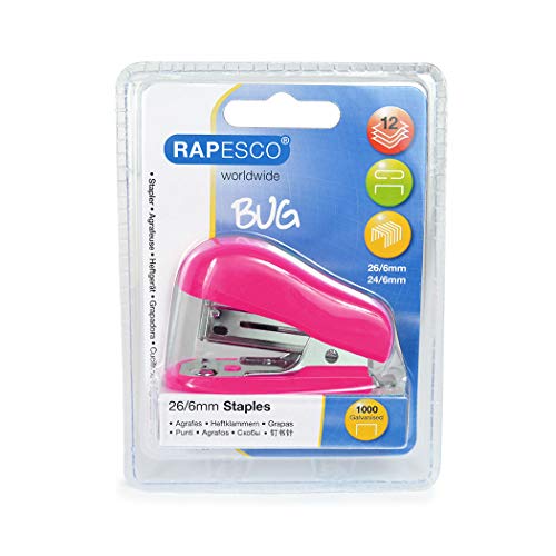 Rapesco Bug - Mini grapadora con caja de 1000 grapas 26/6, color rosa