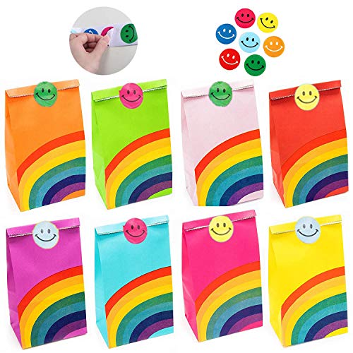 REAMOUS 40 Pcs Bolsa de Regalo de Bolsa de Fiesta Arco Iris con 50 Pcs Pegatina Cara Sonriente para Niños Suministros Fiesta de Cumpleaños Pascua Boda, 8 Colores, Papel Kraft Multicolor