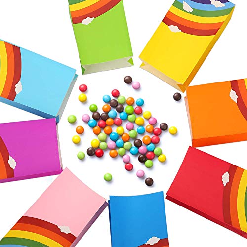 REAMOUS 40 Pcs Bolsa de Regalo de Bolsa de Fiesta Arco Iris con 50 Pcs Pegatina Cara Sonriente para Niños Suministros Fiesta de Cumpleaños Pascua Boda, 8 Colores, Papel Kraft Multicolor