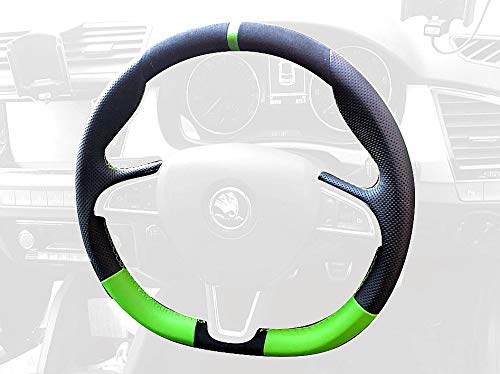 RedlineGoods Cubierta del Volante Compatible con Skoda Fabia 2014-20 Cuero Canela Costura Negra