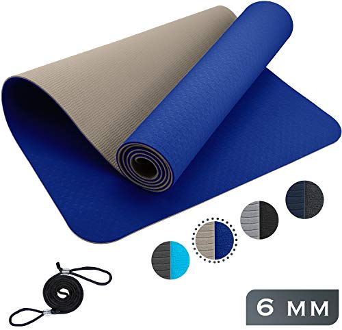 ReFit TPE - Esterilla de fitness con correa de transporte, color azul, beige, azul, sin PVC, ftalatos, antideslizante, hipoalergénica, ecológica, 183 cm x 61 cm x 6 mm