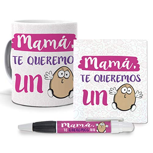 Regalo Madre. Pack. Taza, libreta Mini y boli Mamá, te Queremos un Huevo