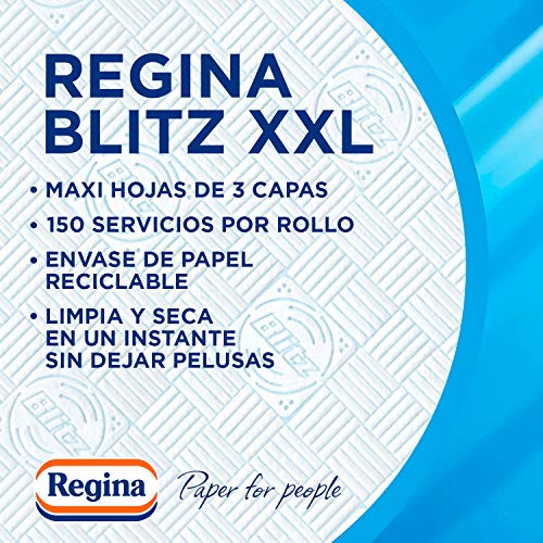 Regina Blitz XXL Papel Cocina | 8 unidades | Máxima absorbencia en cada Maxi Hoja, papel multiusos 150 hojas de 3 capas por rollo | Envase papel | Papel 100% certificado FSC®